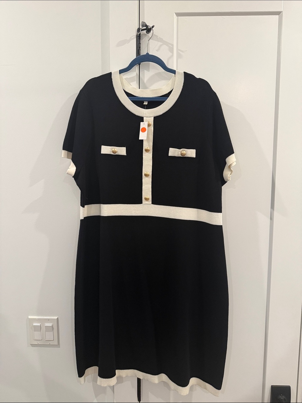 NWT Talbots Black Knit Midi Dress with Cream Trim and Gold Buttons